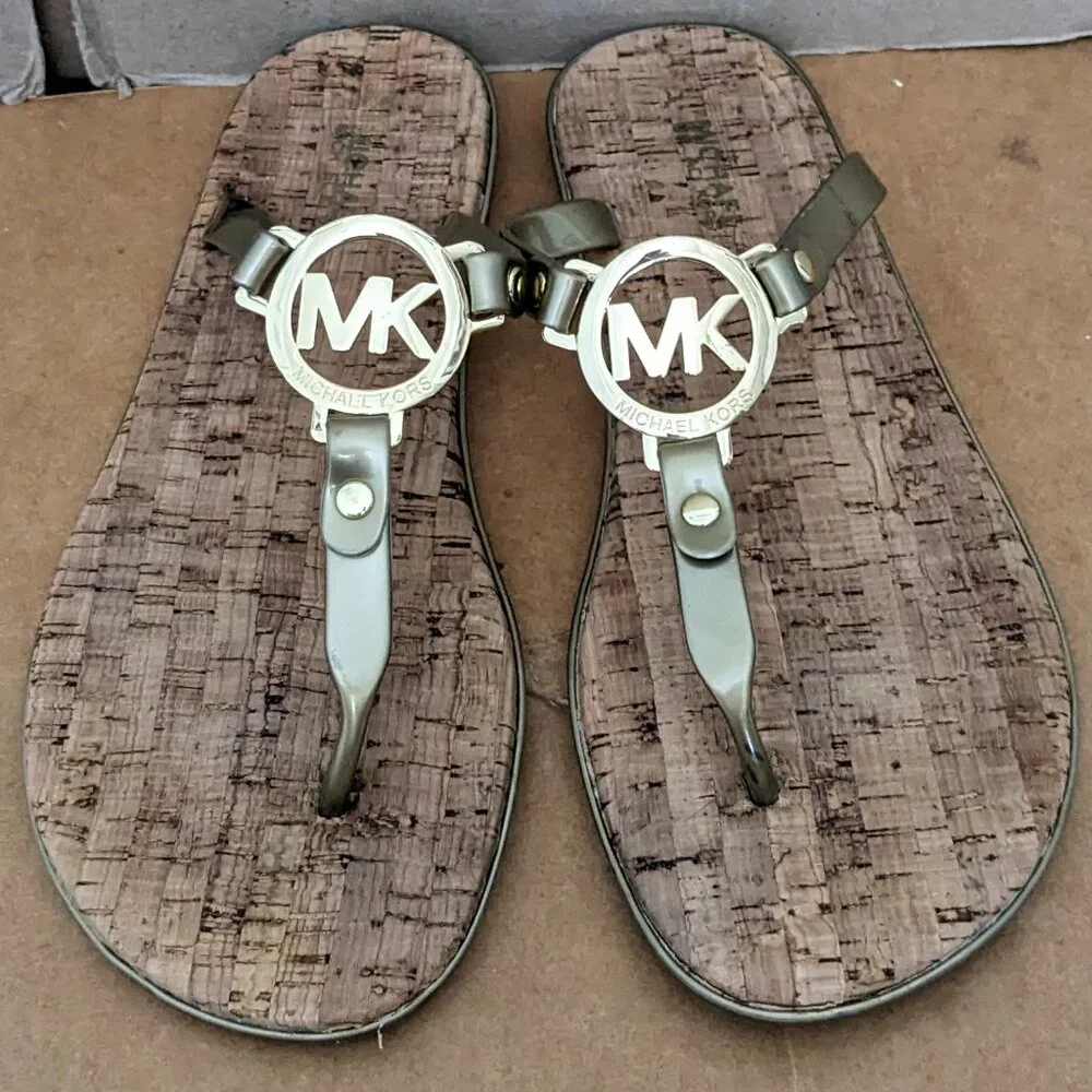MICHAEL KORS Cork Sandals MK Logo charm Jelly PVC flip flop CHOOSE SIZE 7